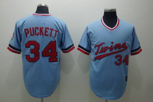 Mitchelland Ness Twins #34 Kirby Puckett Stitched Light Blue Throwback MLB Jersey - Click Image to Close